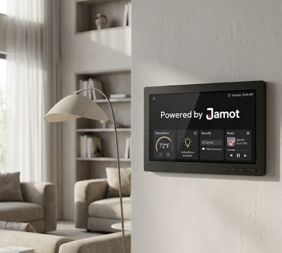 Smart home tablet interface on a minimalist wall