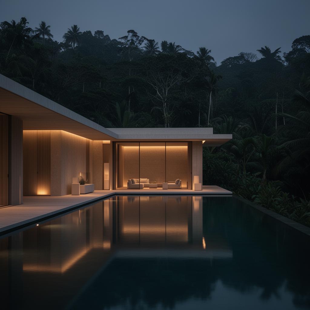 Luxury Bali villa with architectural lighting at dusk