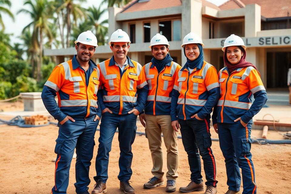 Mixed European and Indonesian Electric ProCare team in branded orange and navy safety uniforms on a Bali villa site